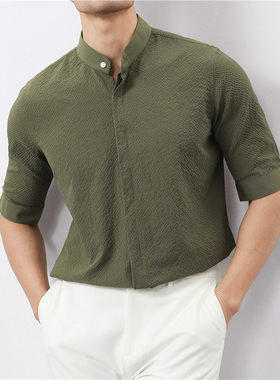 NOLOGO新中式立领五分袖衬衫男夏季薄款透气冰丝凉感休闲中袖衬衣