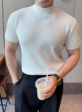 NO LOGO半高领针织短袖男夏季薄款修身高级感痞帅极简风冰丝T恤