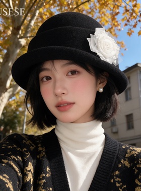秋冬氛围感网纱山茶羊毛呢礼帽女黑色卷边盆帽优雅名媛保暖帽子