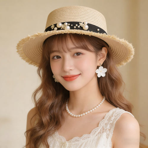 名媛风珍珠草编帽子女夏大檐防晒遮阳帽法式复古海边沙滩度假草帽