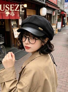 字母黑色皮边报童帽女秋冬氛围感八角帽日常百搭显脸小带檐贝雷帽