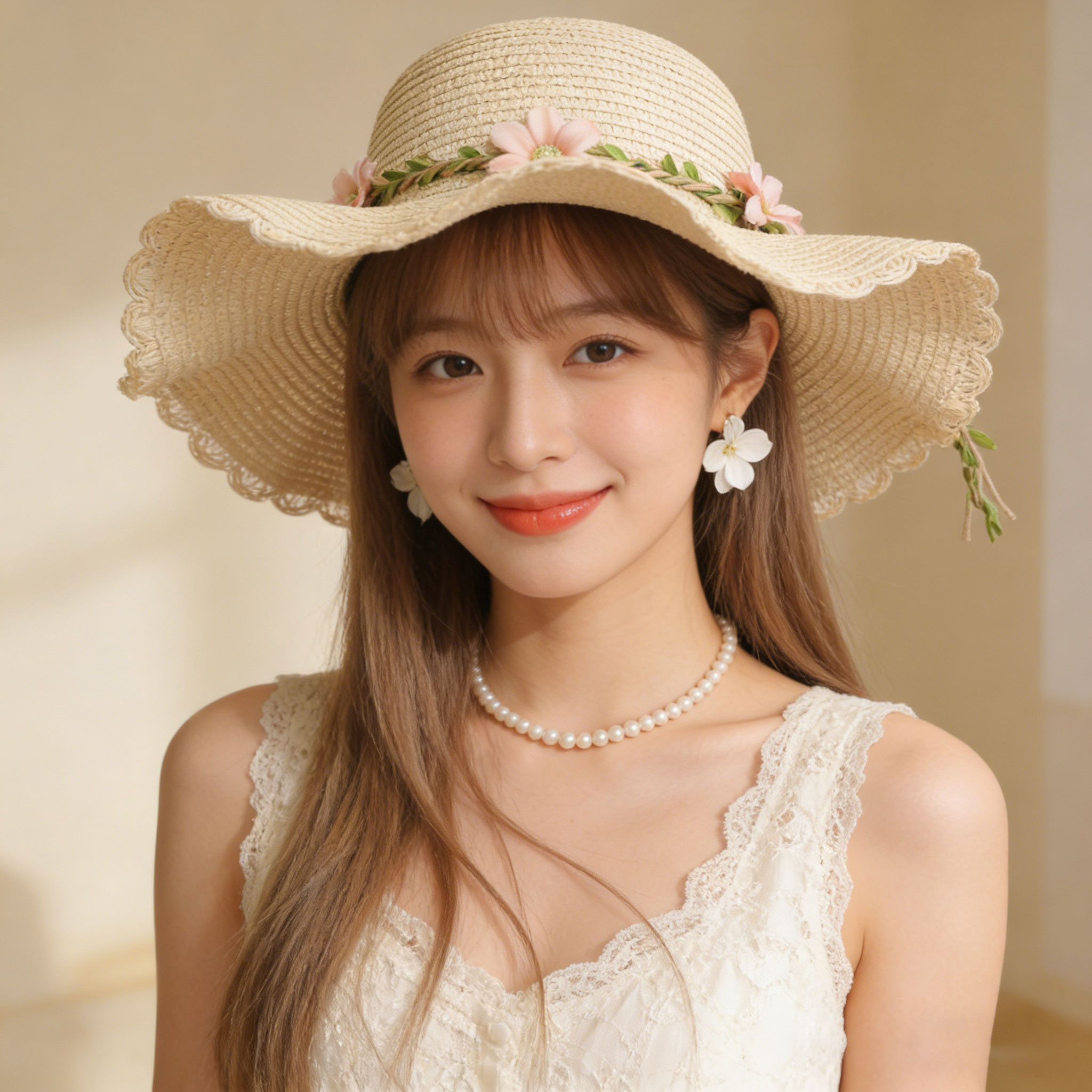 夏日度假风大檐草帽女甜美花朵飘带草编帽韩系少女感防晒遮阳帽