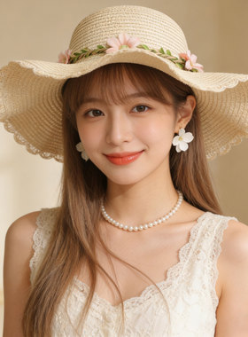 夏日度假风大檐草帽女甜美花朵飘带草编帽韩系少女感防晒遮阳帽