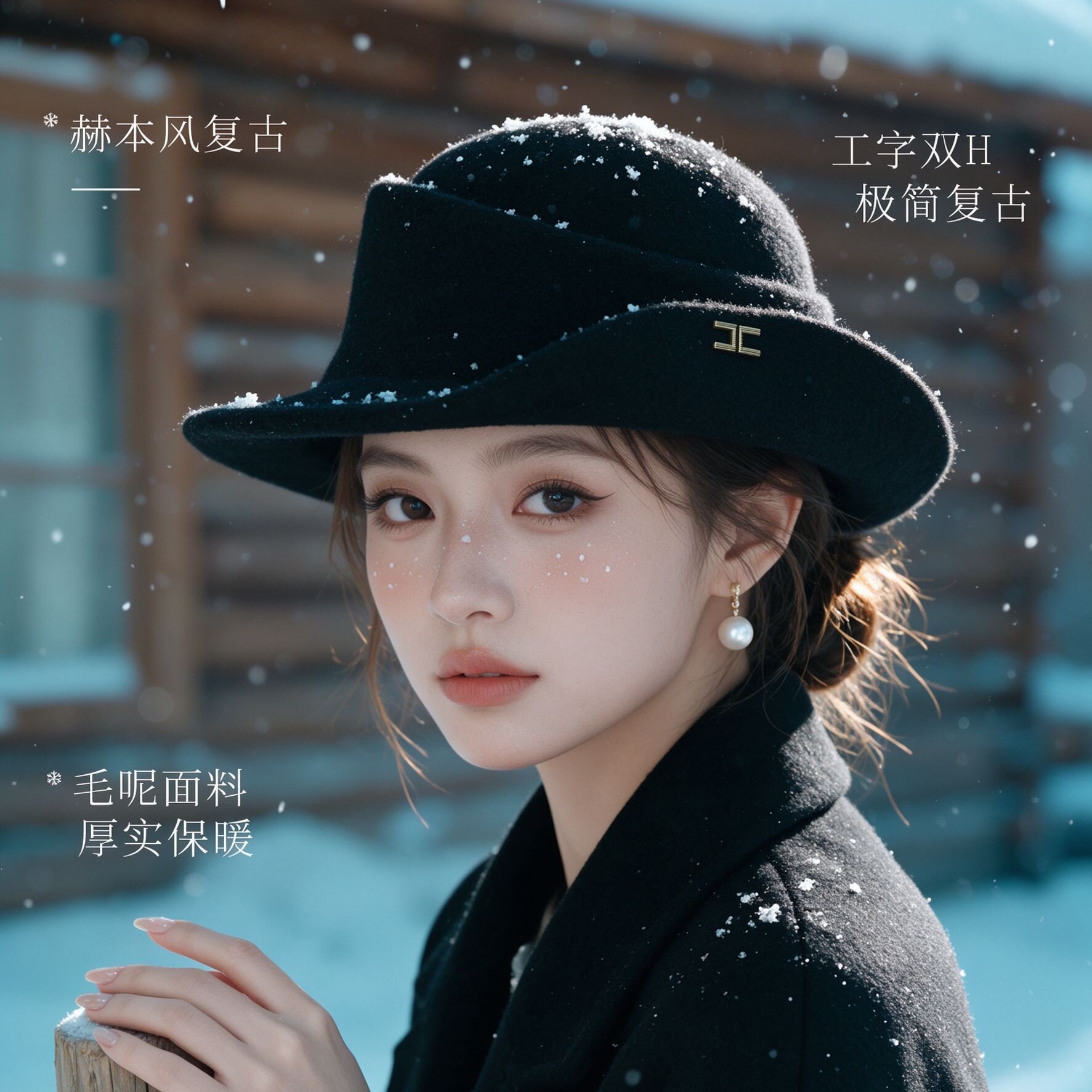 法式复古双 H 标礼帽女黑色毛呢宽檐帽秋冬修饰脸型搭配大衣帽子