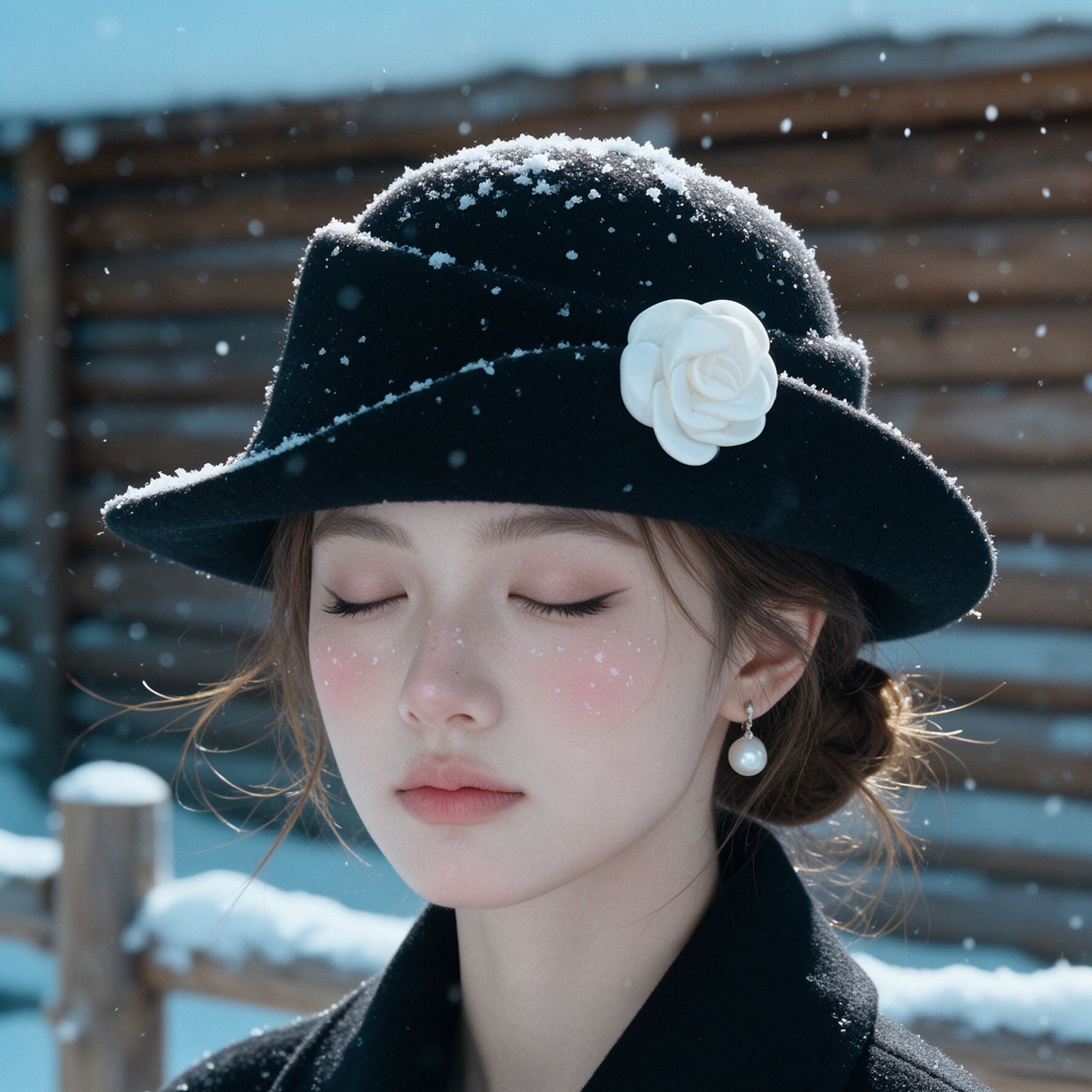 赫本风缎面山茶花毛呢礼帽女秋冬复古卷边帽名媛显脸小保暖毡帽