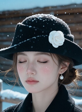 赫本风缎面山茶花毛呢礼帽女秋冬复古卷边帽名媛显脸小保暖毡帽