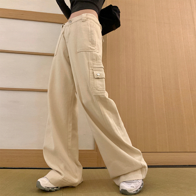 【L码5折】GYOKUU 米色多口袋柔软阔腿低腰牛仔裤