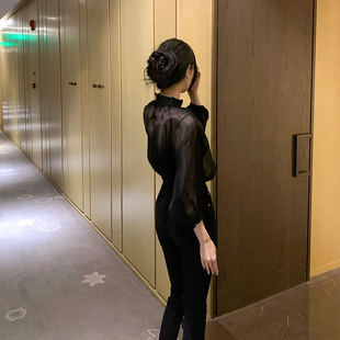 3折 衬衫 真丝 黑色小高领8分袖 上衣 欧根纱