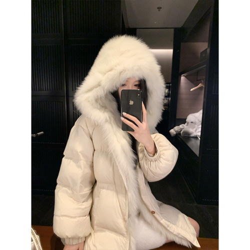 GYOKUU 【雪地的小白狐】奶白色狐狸毛条拼接羽绒外套
