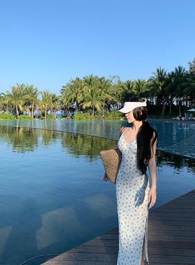 GYOKUU 【塞纳河畔】蓝白印花弹力网纱V领露背连衣裙