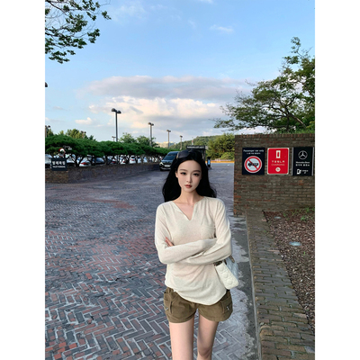 GYOKUU【初秋的傍晚】天丝亚麻剪刀领长袖针织衫