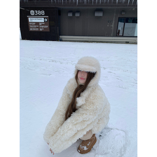 GYOKUU 2025aw保暖白色小卷毛加绒里布加厚短外套 咩咩卷卷羊