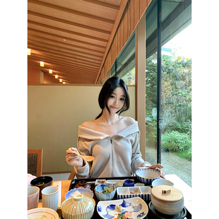 GYOKUU 燕麦色柔软针织卫衣连帽上衣外套