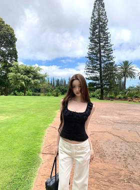 GYOKUU 「摩登outfit」2026ss 黑色蕾丝花边修身显瘦无袖上衣