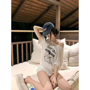 GYOKUU 白色莫代尔柔软印花宽松T恤 丝滑牛奶