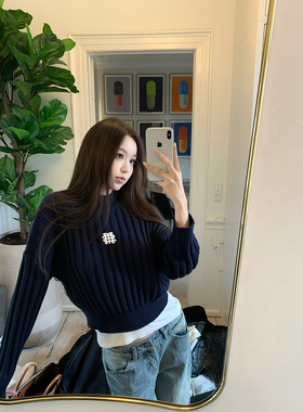 GYOKUU【自由简意】2025aw 藏青色刺绣套头毛衣