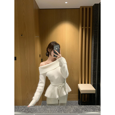 GYOKUU【小白兔】2025aw 白色兔绒一字肩皮绳系带针织毛衣