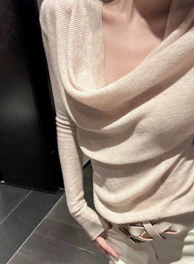 GYOKUU 2色 奶茶燕麦色/灰色荡领修身针织毛衣