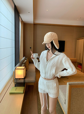 GYOKUU  2025ss 白色针织麻花休闲连帽毛衣开衫alo针织短裤套装