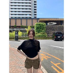 GYOKUU【高阶姐感】2026aw 黑色莱赛尔短款半袖针织上衣
