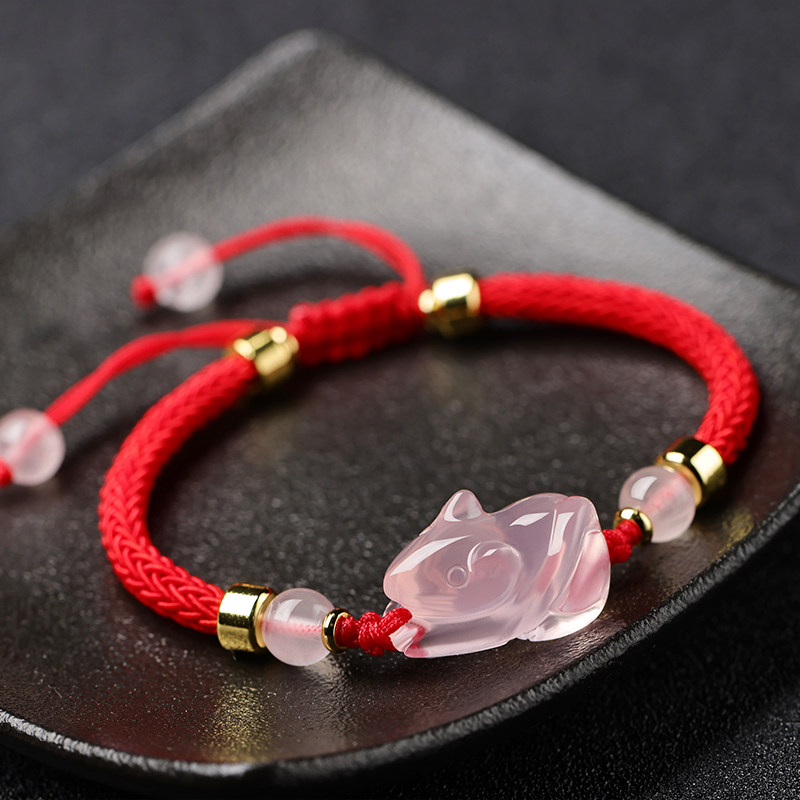 粉晶生肖手链鼠芙蓉石红绳编织手绳粉水晶招桃花老鼠手串送女友夏