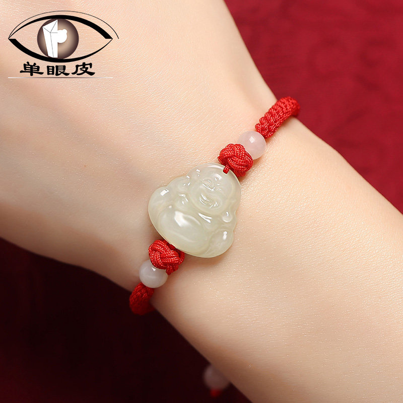 天然和田玉弥勒佛红手绳女款编织小佛公大肚笑佛头手链本命年男士