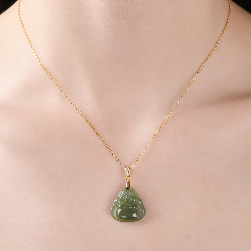和田玉弥勒佛项链925纯银镀金锁骨链佛公小佛吊坠青玉翡翠绿佛女