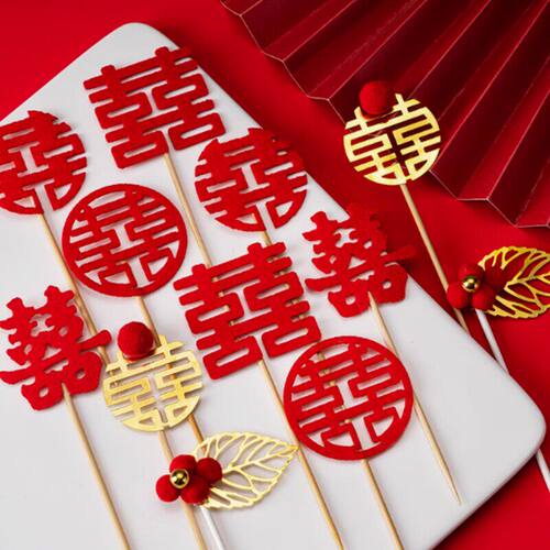 毛毡喜字蛋糕装饰插牌铁艺凤凰扇