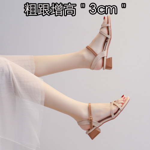 韩版一字带凉鞋女夏季新款外穿粗跟3cm仙女风气质通勤鞋露趾真皮