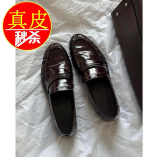 羊皮版~真皮复古褶皱乐福鞋女平底粗跟懒人鞋小皮鞋单鞋女老钱风