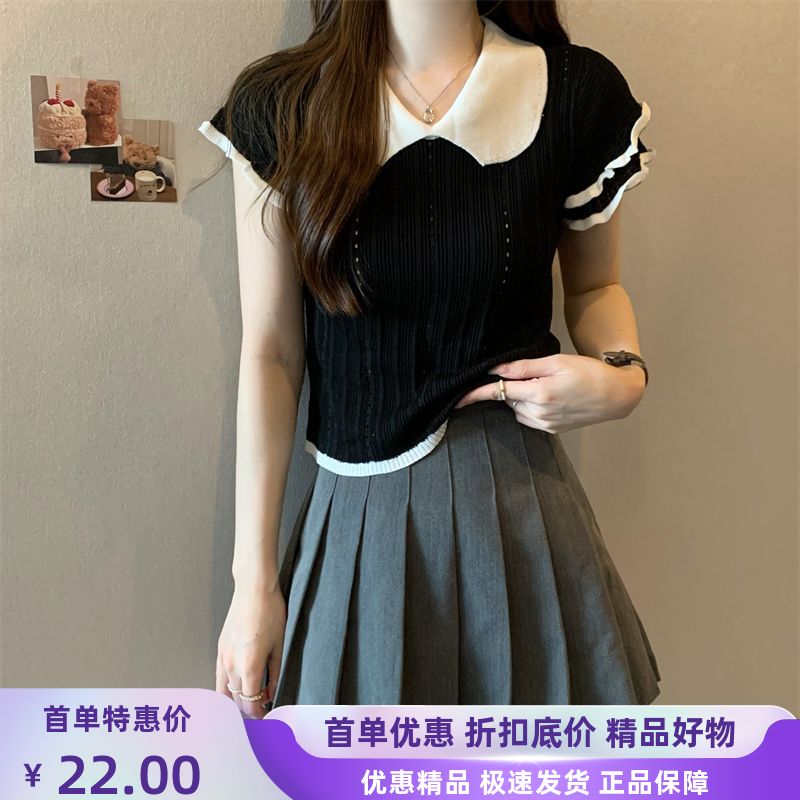 娃娃领撞色拼接短袖T恤女夏季新款设计感甜美高腰修身短款上衣ins