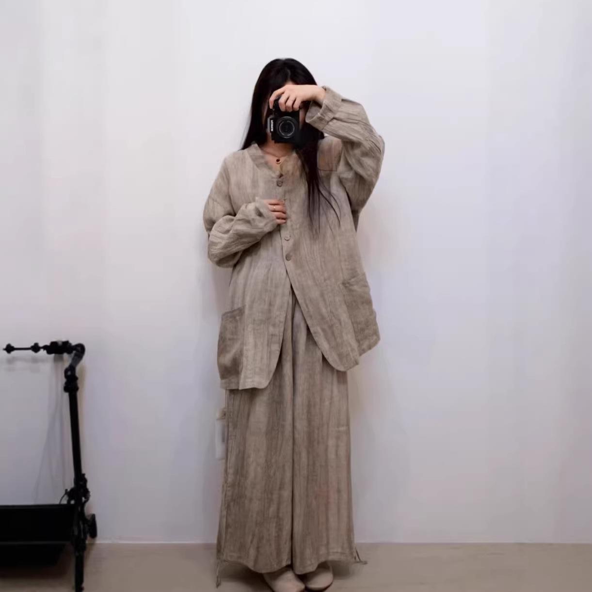 春季新款中式扎染工艺亚麻立领衬衫上衣女森系文艺休闲百搭小衫女图片