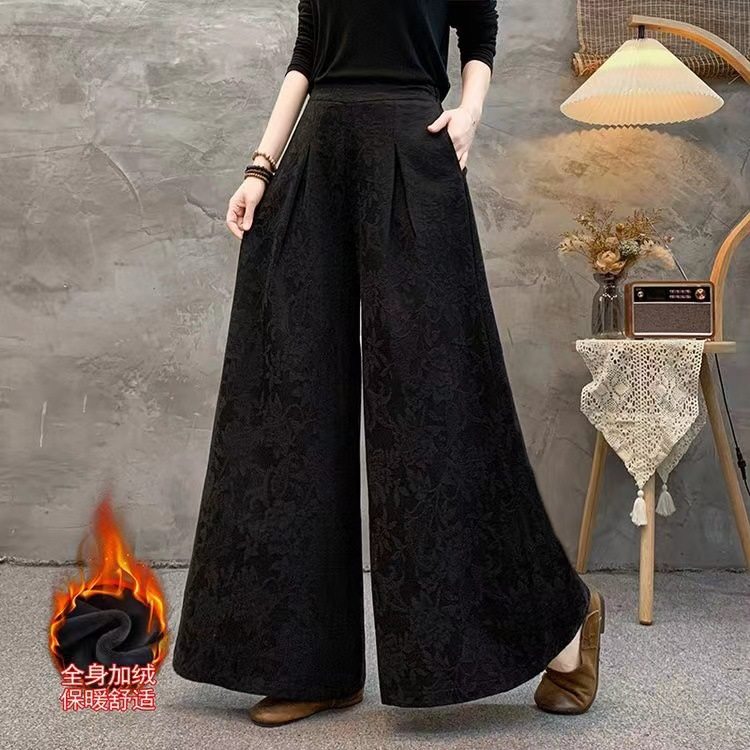 棉麻加绒阔腿裤大码秋冬新品复古提花高腰保暖长裤垂感大摆裤子女,女装/女士精品,大码裤装,淘宝优惠券,粉丝福利购,淘宝优惠卷