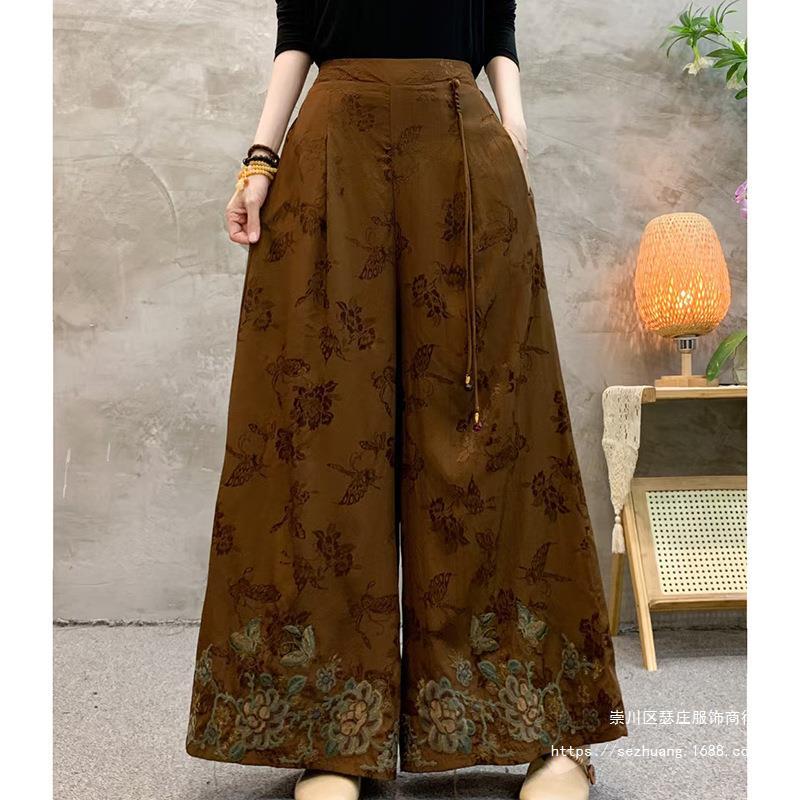 刺绣缎面提花阔腿裤女2025秋季新款半松紧腰大码显瘦直筒裤民族风