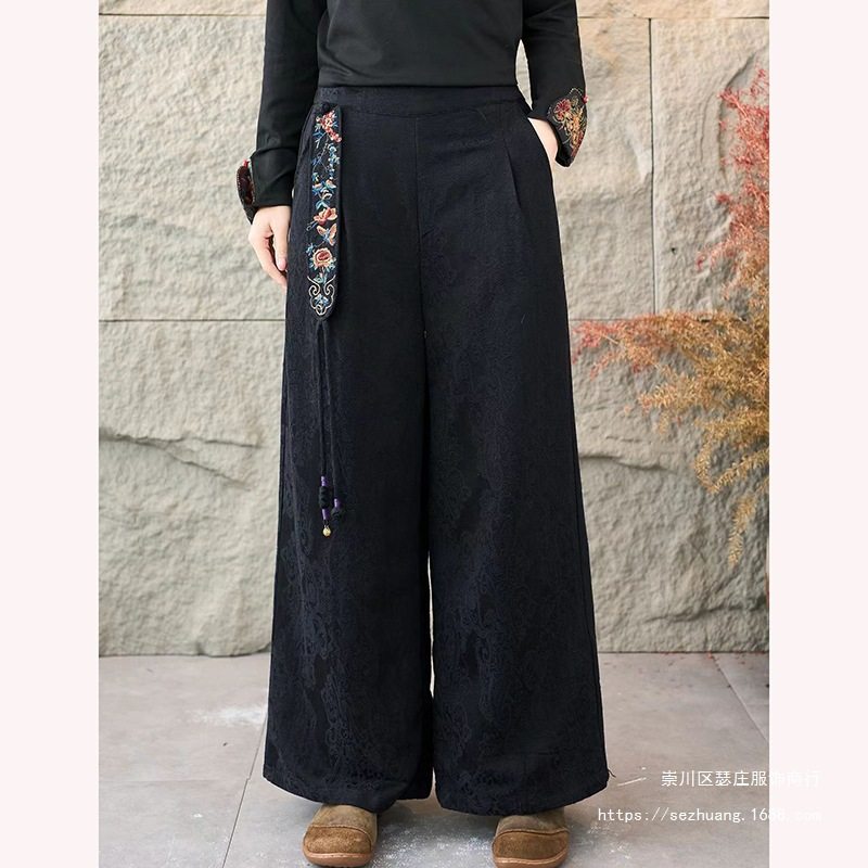 汉宫秋新设计感新中式复古刺绣加绒阔腿裤女高腰宽松休闲长裤国风,女装/女士精品,大码裤装,淘宝优惠券,粉丝福利购,淘宝优惠卷