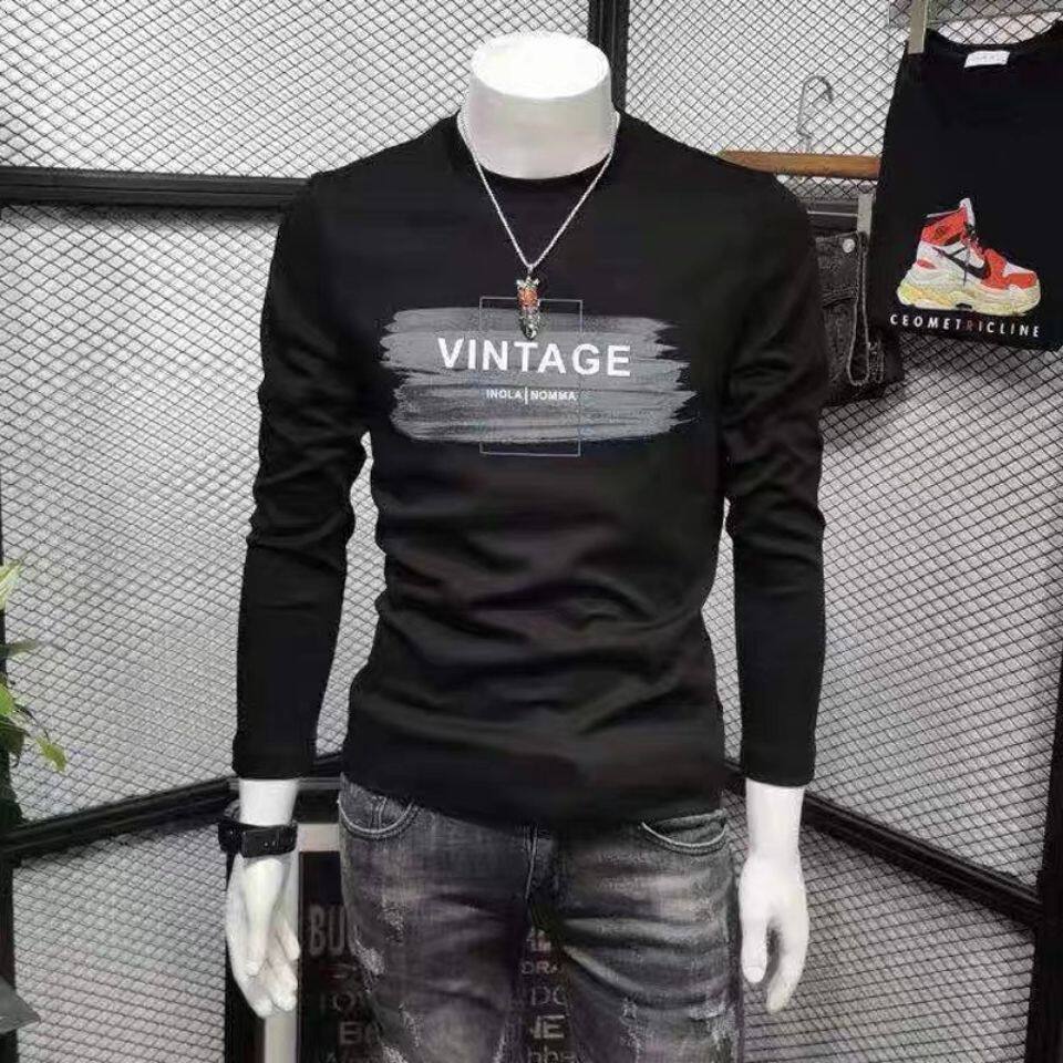 2025春秋款韩版潮流男士长袖T恤圆领修身百搭上衣打底衫衣服体恤