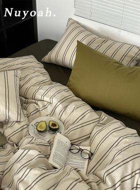 Nuyoah studio 复古简约橄榄绿条纹纯棉水洗棉四件套宿舍床品