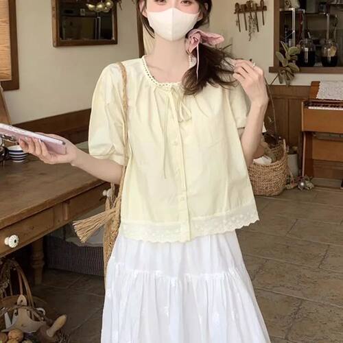 韩系花边系带短袖衬衫女夏季2025新款蕾丝拼接衬衣甜美减龄上衣