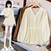 衬衫 大码 收腰褶皱新款 胖mm遮肚上衣藏肉显瘦洋气减龄长袖 女装 秋季