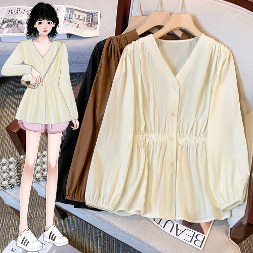 大码女装秋季收腰褶皱新款胖mm遮肚上衣藏肉显瘦洋气减龄长袖衬衫