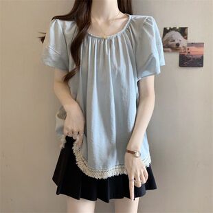 正肩短袖 胖mm流苏下摆娃娃衫 衬衫 大码 上衣 女2025夏季 浅蓝色泡泡袖