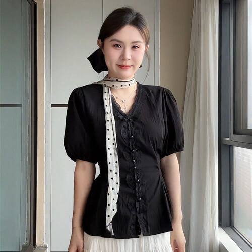 胖mm法式蕾丝花边V领短袖黑色衬衫女装夏季韩系chic小衫显瘦上衣