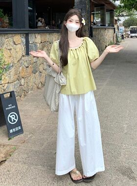 胖mm夏季短袖小清新上衣夏多巴胺外穿超仙套头娃娃衫泡泡袖衬衫
