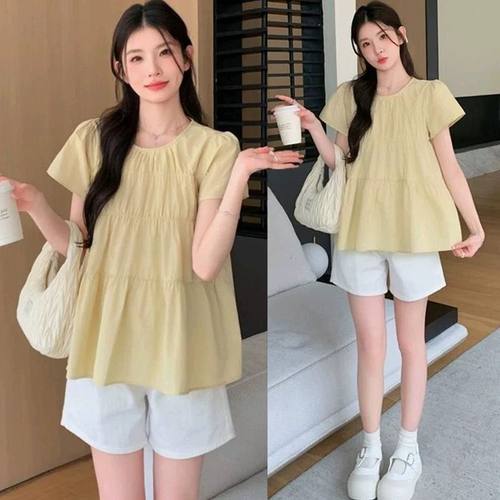 遮肚子显瘦大码上衣2025夏装新款短袖衬衣薄款胖mm宽松娃娃衫