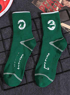 绿色潮款袜子男欧文嘻哈英伦街头滑板舒适棉袜Hip hop街舞绿白袜