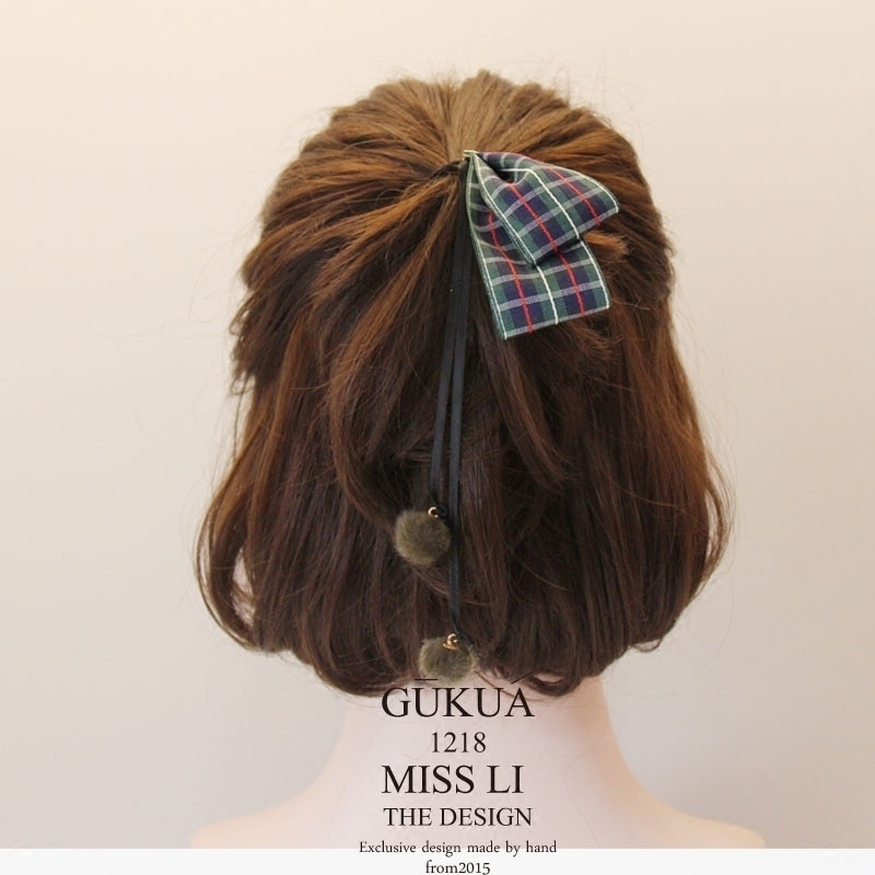 gukuali格纹毛球发饰清新格子女