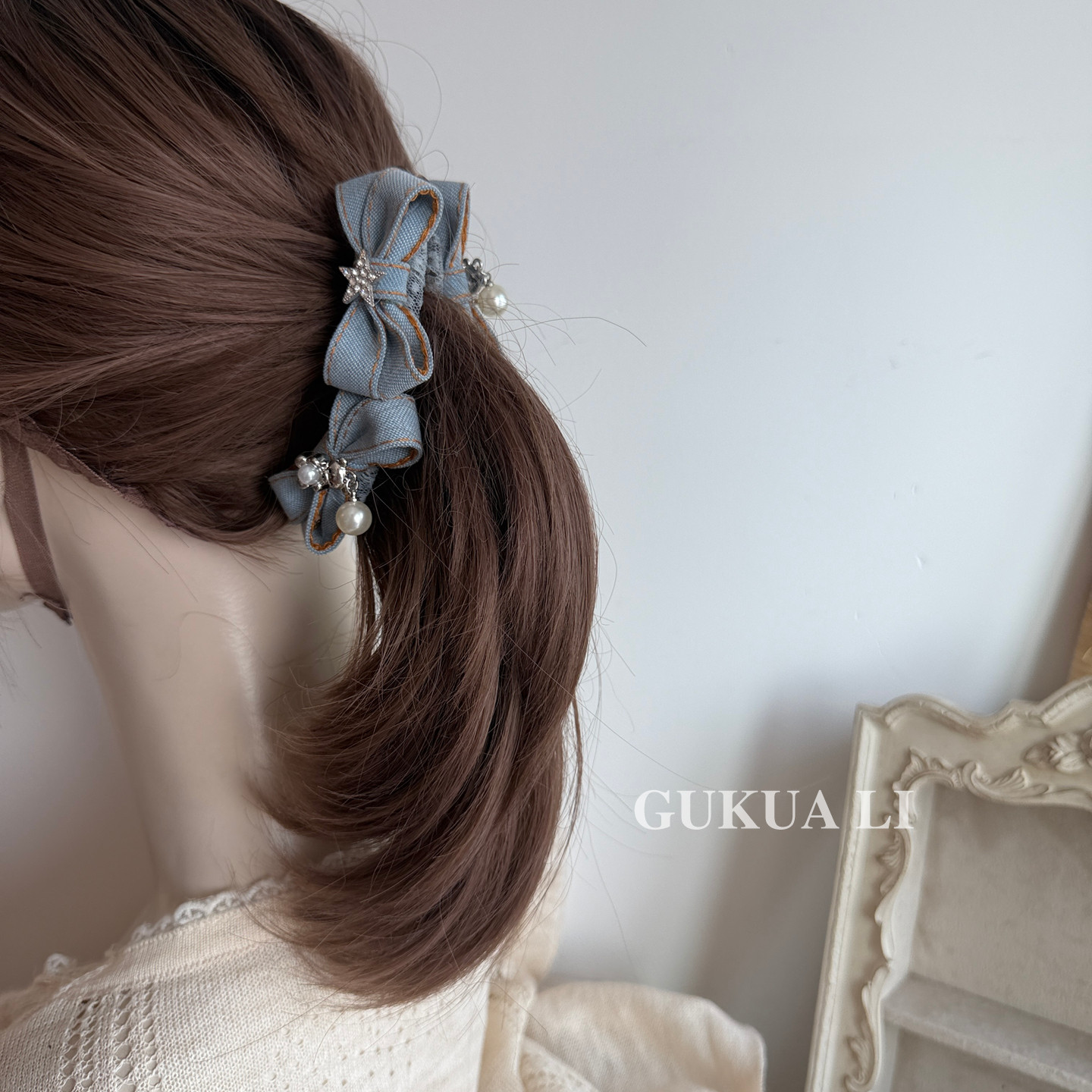 GUKUALI牛仔蓝蝴蝶结珍珠香蕉夹