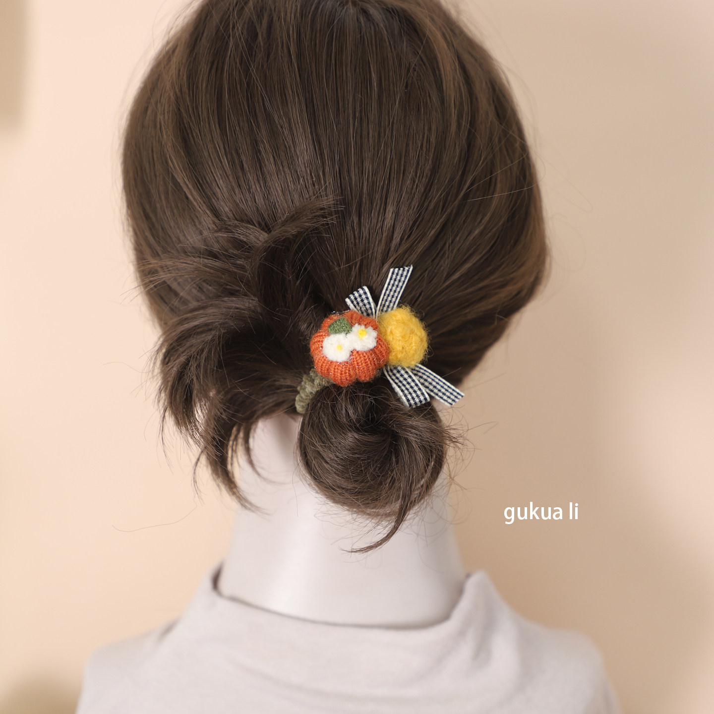 可爱毛绒花朵发饰女格子蝴蝶结