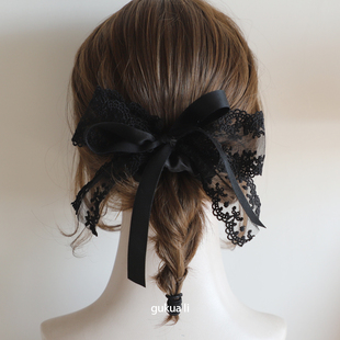 GUKUALI夏季 复古黑色蕾丝蝴蝶结小肠发圈女高弹力头绳发绳发饰新