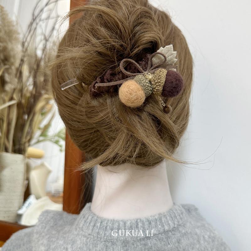 GUKUALI女高级感毛绒球球头饰新发夹后脑勺发夹橡子毛毡扭扭夹